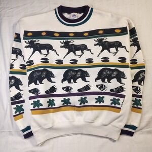 VINTAGE Michigan Rag Co Sweatshirt Mens Large White Moose Bear Lodge Print